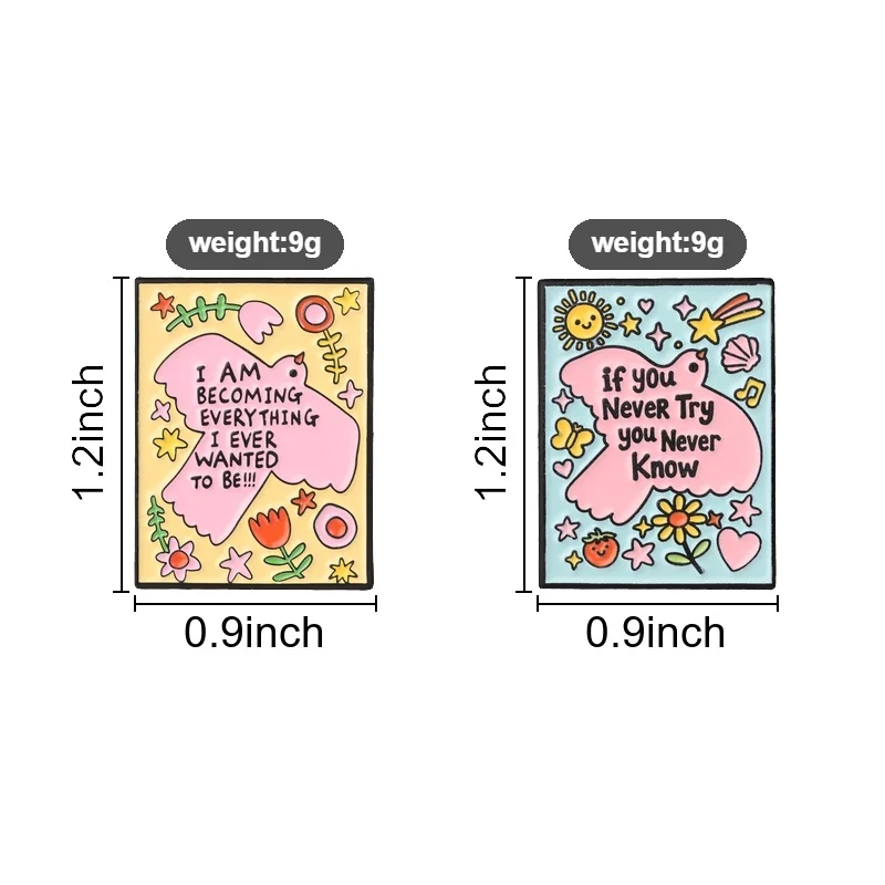Inspirierendes Zitat Emaille-Abzeichen-Set „Ich werde alles“ Rosa Vogel Blume Metall-Brosche Revers-Accessoire Geschenk für Studenten – Detail 1