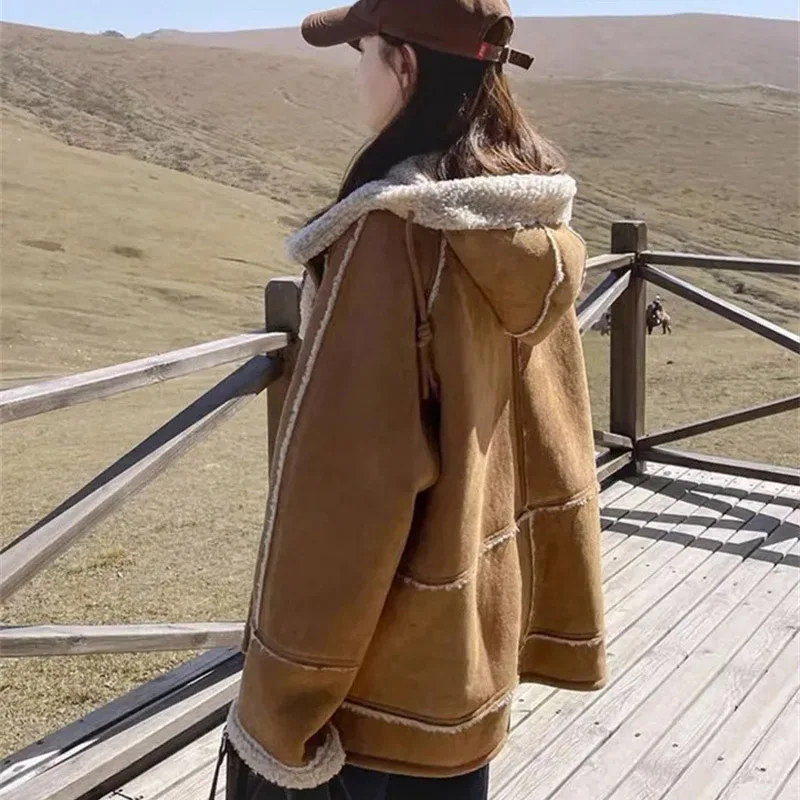 Inverno feminino camurça veludo lã de cordeiro topos senhoras médio longo estilos com capuz jaqueta feminina mangas compridas casaco de couro de pele integrada