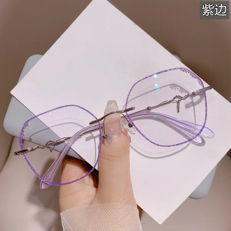 Fashion Women's Glasses Rimless Diamond Powder Glasses Optical Prescription Custom Internet Celebrity Glasses Myopia Hyperopia