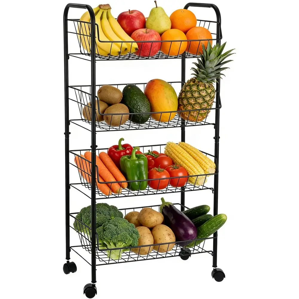 

4-ярусная металлическая тележка для хранения фруктов и овощей на колесах, штабелируемая полка-органайзер для кухни и кладовой, черная