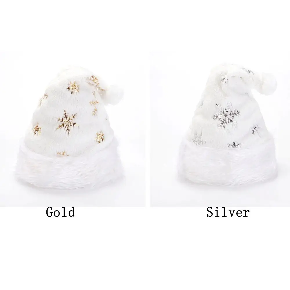 白いぬいぐるみクリスマスハット、金色のスライバー雪の結晶サンタクロースハット、クリスマス暖かい帽子、大人用ノエル装飾、ホームデコレーション2021