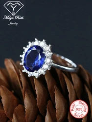 Created Sapphire Halo Diana Princess Real 925 Sterling Silver Party Ring For Women Blue Gemstone Oval Shape Female Lover Gift