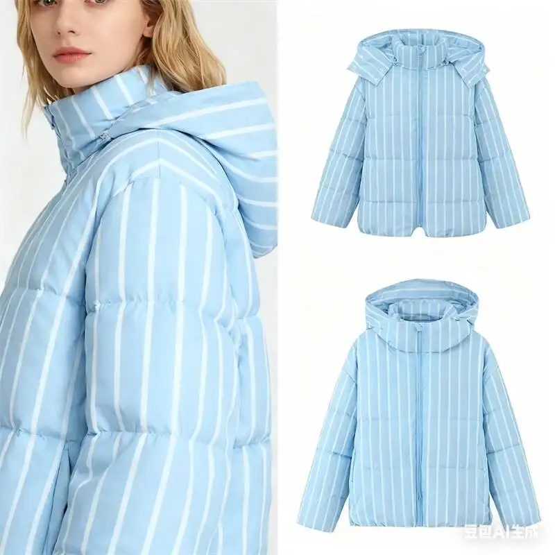 

Women's Striped Down Jacket With A Detachable Hood Front Zipper, Light Blue And Brown Vertical Stripes, Warm Coat Suitable