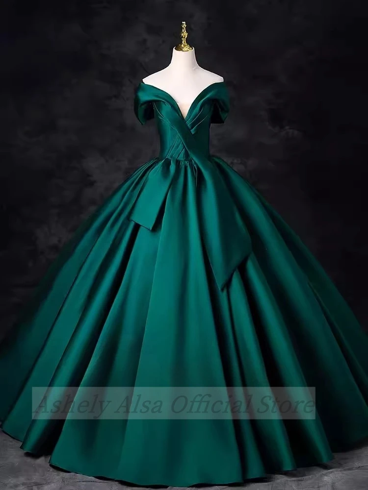 Customized Real Picure Emerald Green Prom Birthday Party Dresses V Neck Satin Puffy Skirt Long Vestido De Anos Quinceanera Gown