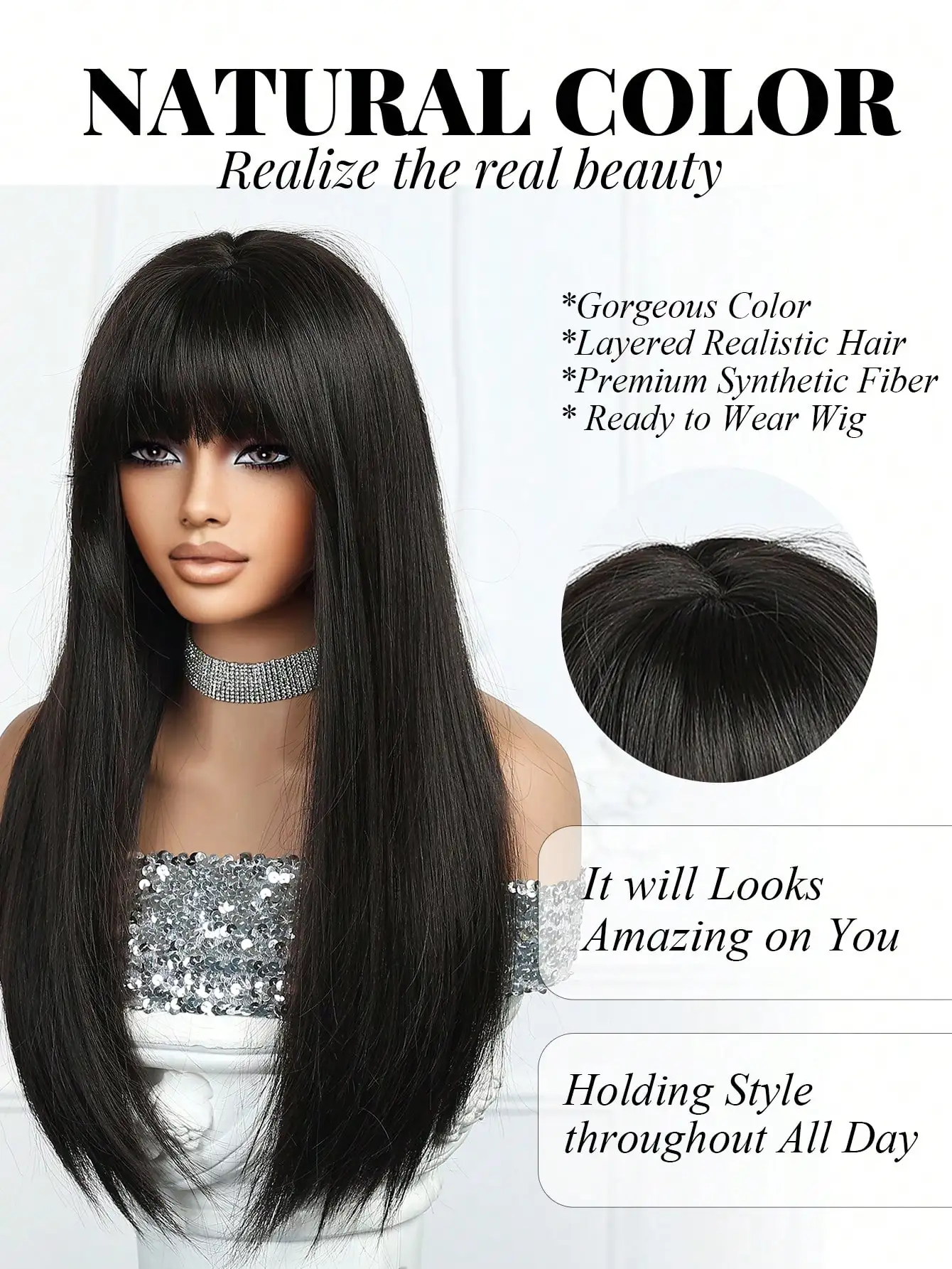 24inch Black Wigs for Women Machine Synthetic Long Straight Hair Wig with Wavy Synthetic Wigs Heat Resistant for Daily Use