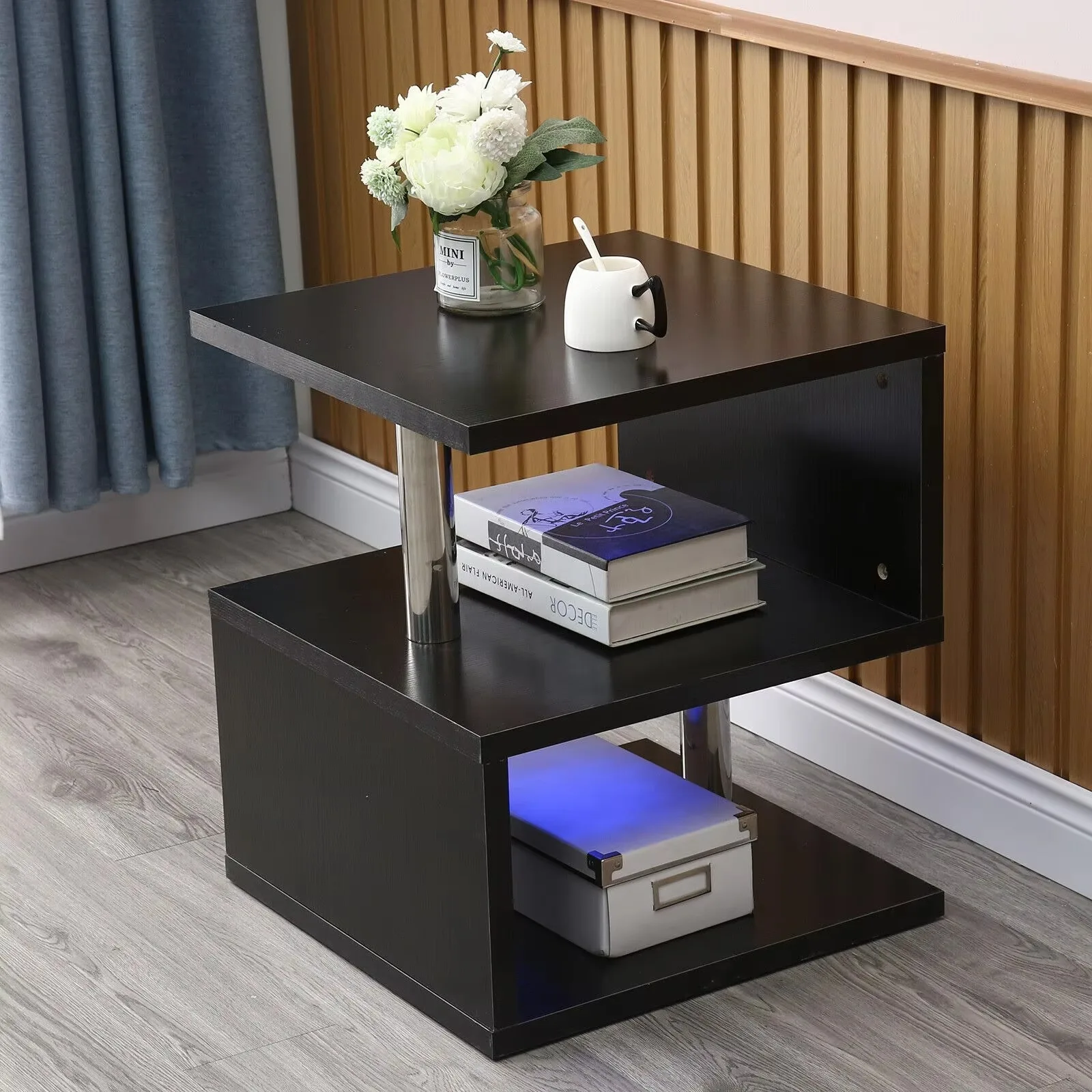 

US Modern High Gloss Coffee/Side Table Black With Blue LED Lights S-shape End Table