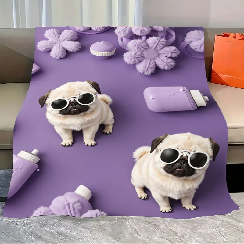 

1pc Flannel Blanket "Cool Pug with Sunglasses Purple Beach Blanket"