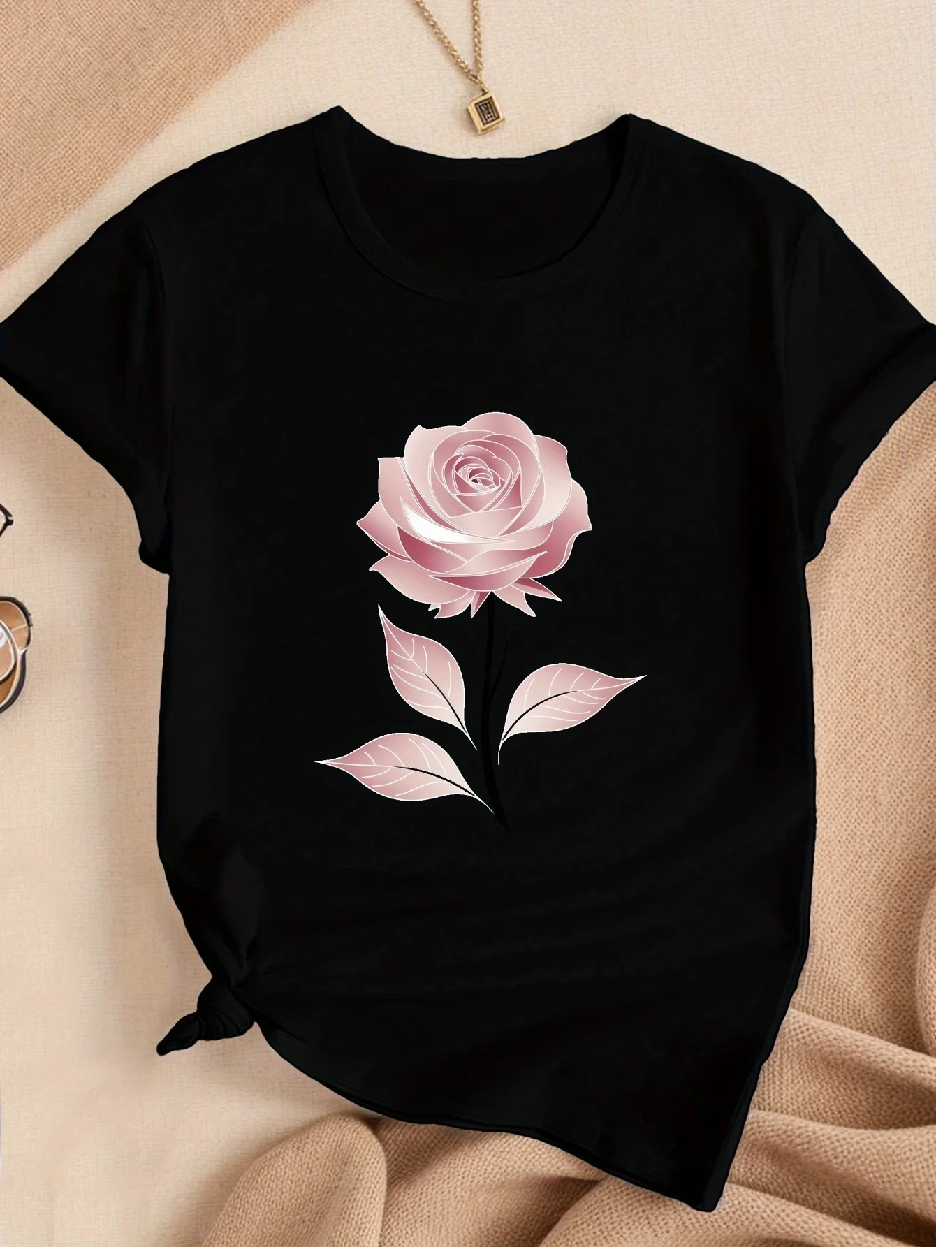 

Elegant Women's Black T-Shirt with Pink Rose Illustration - 100%, Short Sleeve, Round Neck, Breathable & Soft | Casual Summer