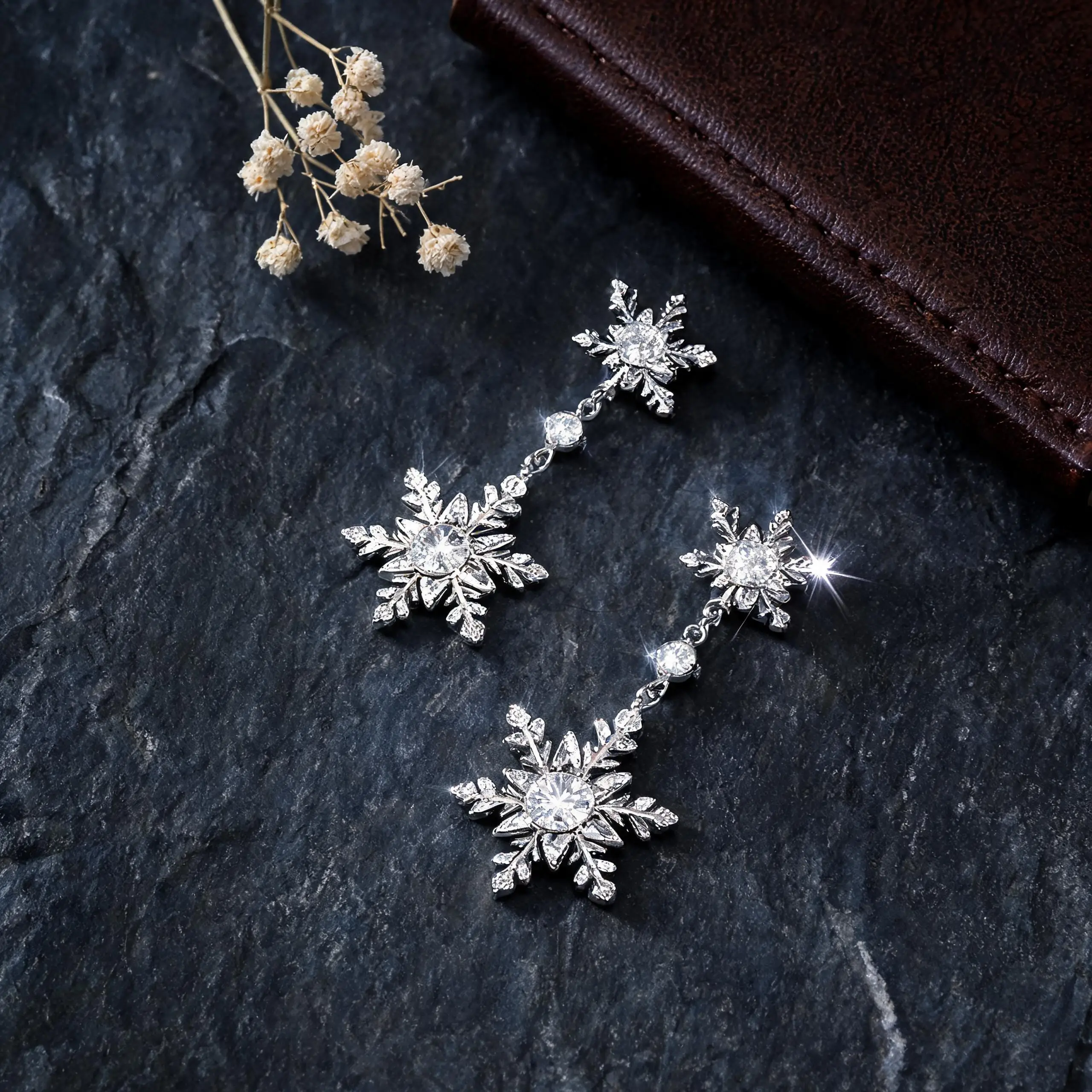 Snowflake Drop Earrings Sparkling Silver Post Earrings Snowflake Dangle Earrings Light Luxury For Holiday Outfits Daily Wear