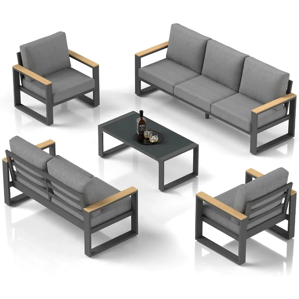 

Aluminum Outdoor Patio Furniture Set with Height-adjustable Footrest, 7-Seats All-weather Patio Sofa Sets with Coffee Table