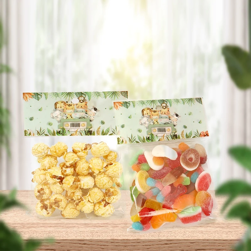 30/50 Stück Dschungeltier-Geschenktüten aus Kunststoff, selbstklebend, für die Dekoration von Erstgeburtstagsfeiern, Verpackungstüten für Schokolade, Snacks und Süßigkeiten – Detail 3