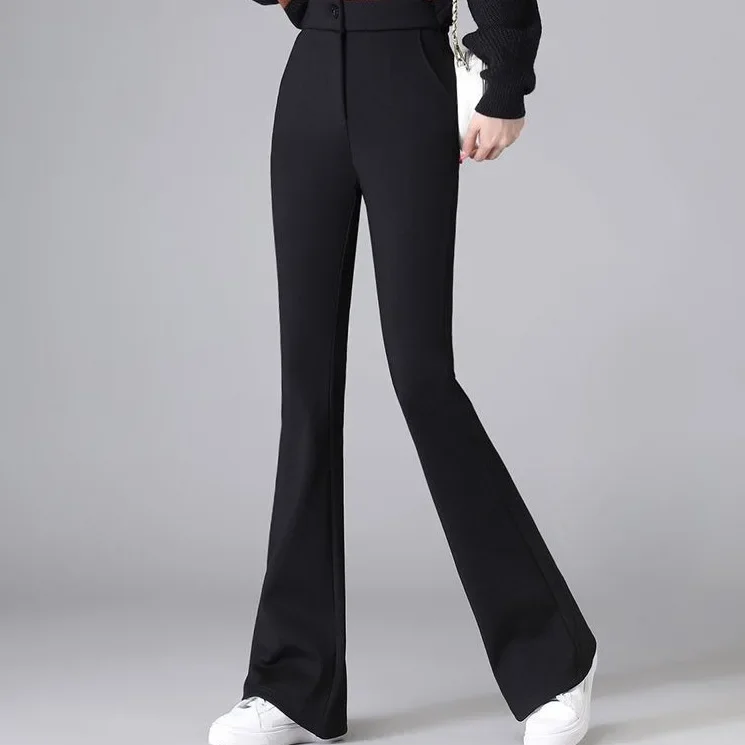 ارتفاع الخصر متوهج السراويل النسائية صوف مبطن أسود سبليت الخريف الشتاء مستقيم الساق السراويل المألوف حجم كبير #1