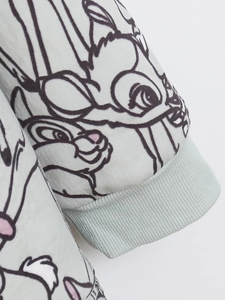 Disney Bambi Deer Thumper Rabbit Embroidery Loose Hooded Sweatshirt Women Fleece Velvet Warm Long Oversize Tee Top Jumper Unisex