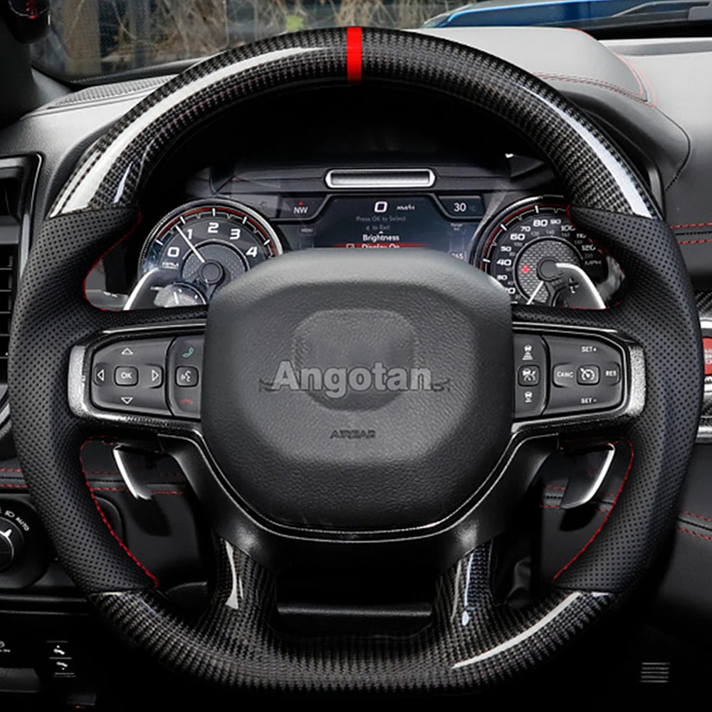 

3K Dry Carbon Fiber D-Shape Flat-bottom Steering Wheel for Dodge RAM 1500 2018-2024 Nappa Preforated Leather Grip w/ Heated