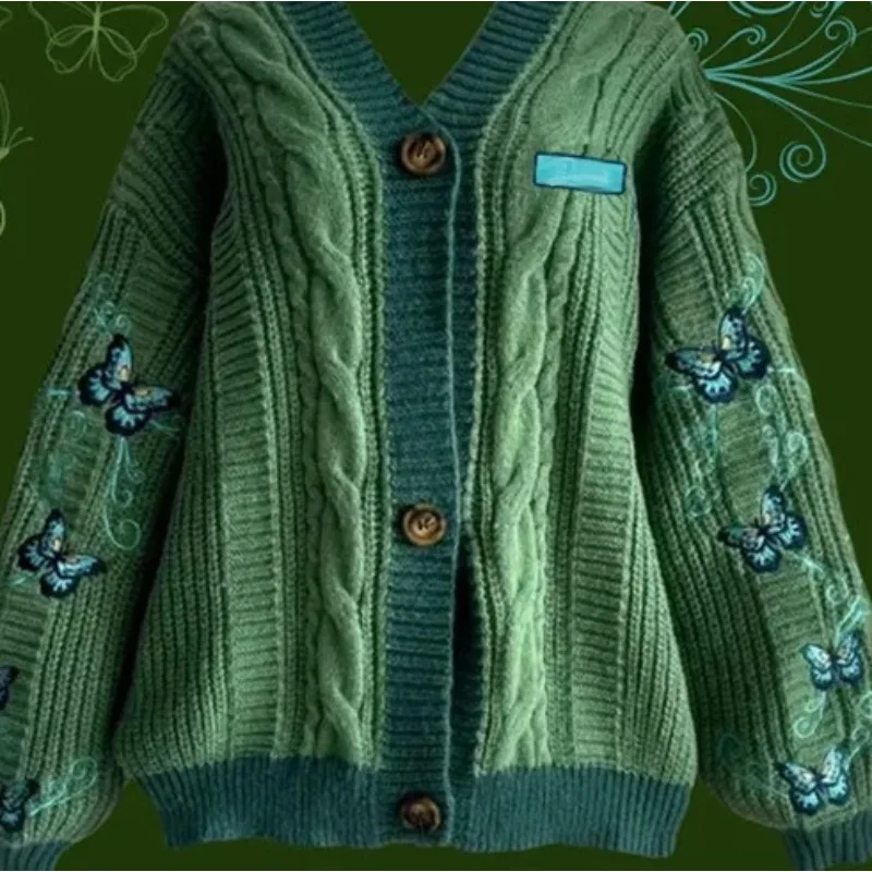 

Women's Clothing Autumn Winter Cardigans Coat New Knitted Sweaters Embroidery Long-sleeved Top Chic Loose Casual V-neck Buttons