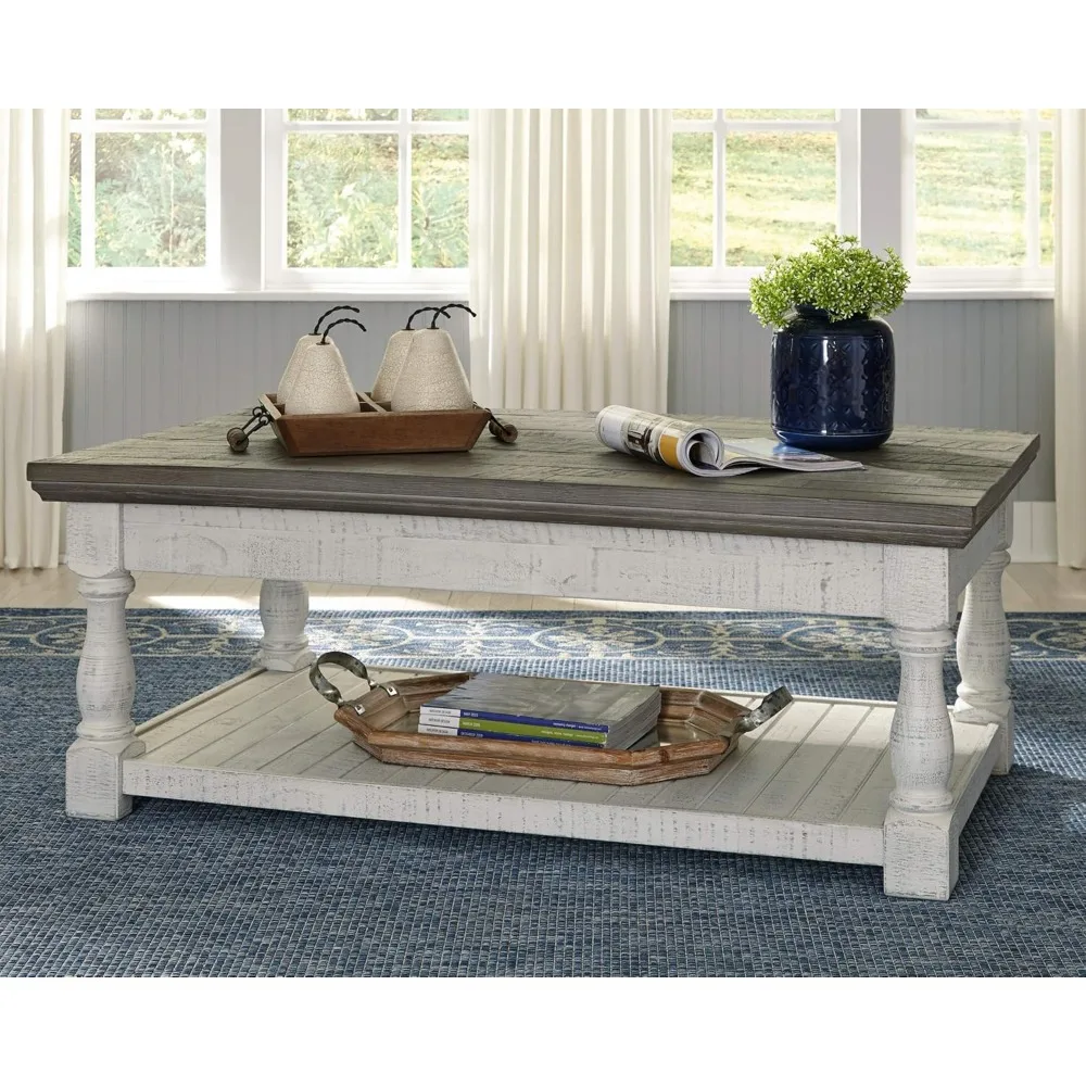 

Farmhouse Lift Top Coffee Table with Fixed Shelf and 2 Hidden Storage Trays, Gray & White with Weathered Finish