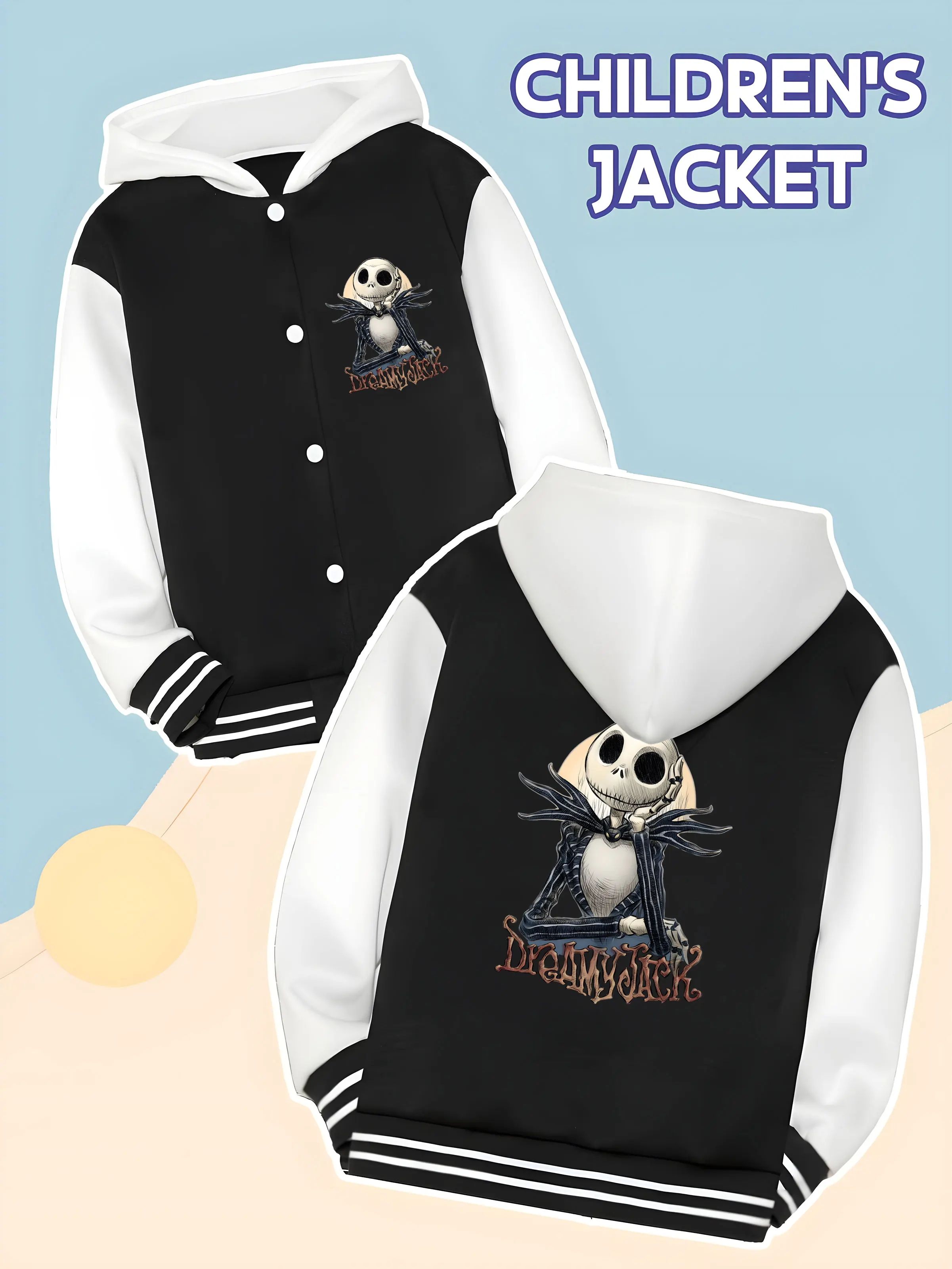 

MINISO Disney Nightmare Before Christmas Baseball Boys Jacket - Jack Skull Trend Print, Perfect for Fall and Winter