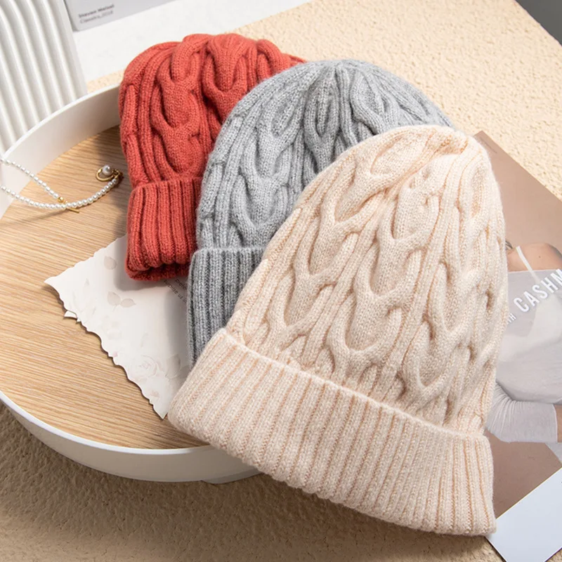 Winter New Women's Warm Beanies Basic Solid Color Wool Knitted Twist Hat