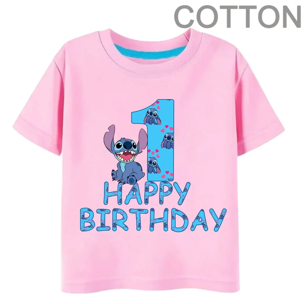 Camiseta rosa de Lilo Stitch para niños, playera con número 1-14, ropa informal Kawaii para niño y niña, camisetas de dibujos animados de Anime para niños