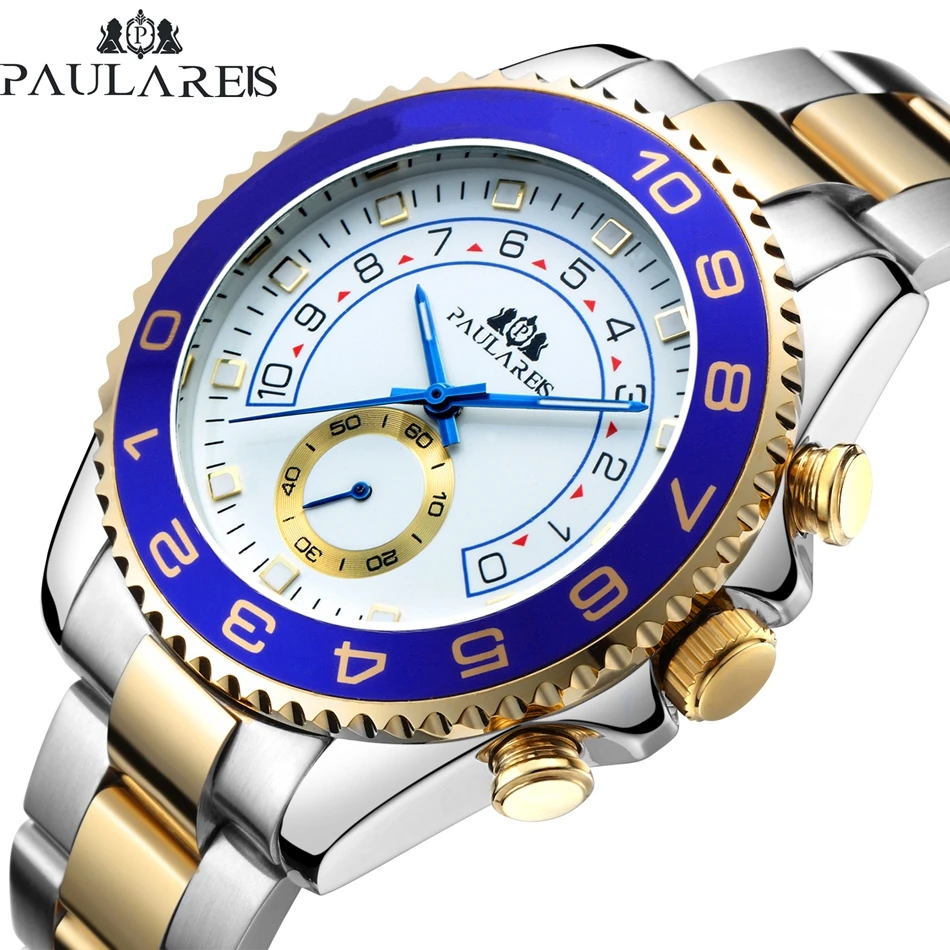 Imagem -02 - Automático Auto Vento Mecânico Cinta Casual Amarelo Ouro Prata Azul Bezel Mestre Relógio Homem de Negócios Aço Inoxidável