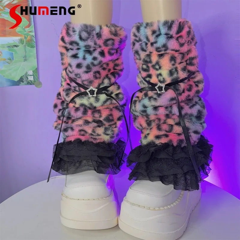 

Носки-грелки в стиле Y2K, японская лолита, милые, разноцветные, с леопардовым принтом, в стиле Hot Girl, с кружевом, пушистые, в стиле Харадзюку, до середины икры, носки-чулки до середины икры