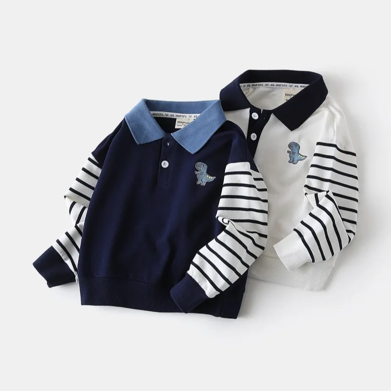 

Autumn New Children Clothes Boys Sweatshirt Kids Contrast Sleeve Dinosaur Embroidered Polo Collar Top