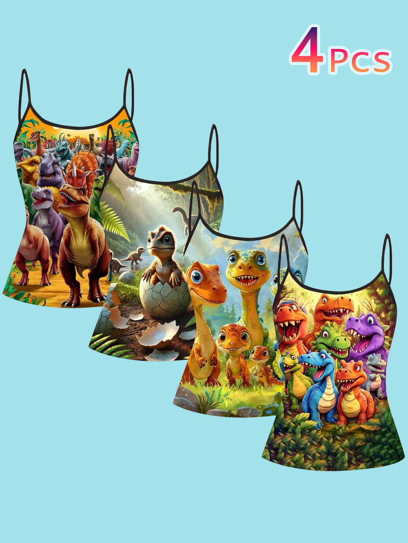 4-Piece Set of Women's Spaghetti Strap Camisoles with Jurassic Cartoon Dinosaur Forest Digital Print, Slim-Fit Sleeveless Tops, Fun Casual Outerwear and Inner Layering Shirts