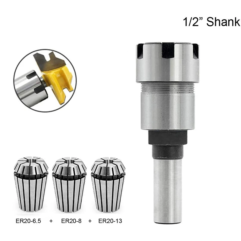 1/2 Inch Shank ER20 Router Collet Extension Rod Collet Chucks Adapter With 2 Pcs Spring Collet Set(6.35Mm&8Mm&13Mm)