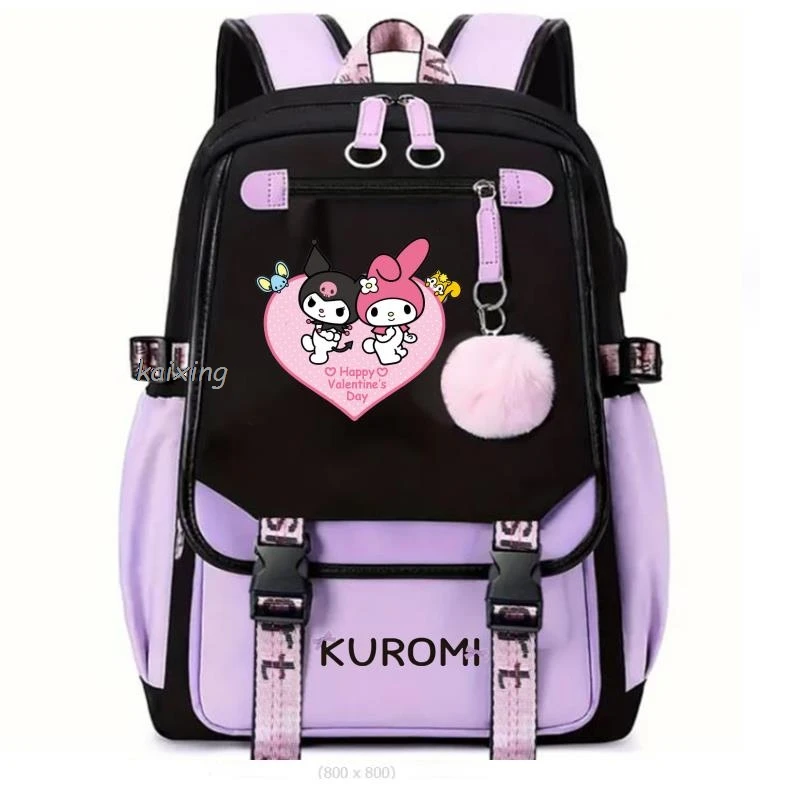 Bonito kuromi mochila feminina estudantes do ensino médio sacos de escola da menina carregamento usb grande capacidade diário infantil