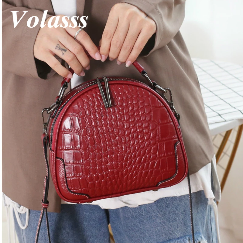 

Volasss Red Small Round Bags For Women Crocodile Shoulder Bag Luxury Design Fashion Female Genuine Leather Purses And Handbags