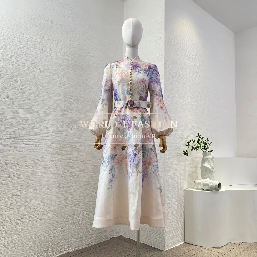 Nouveau Printemps multicolore imprimé fleuri à manches longues col montant robe mi-longue pour les femmes