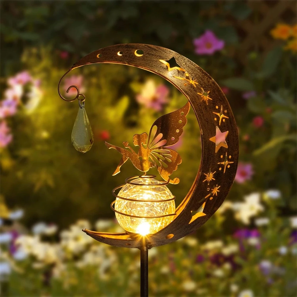 Garden Solar Lights Outdoor Decorative Moon Solar Lights with Fairy Outdoor Metal Crackle Glass Globe Stake Garden Decor