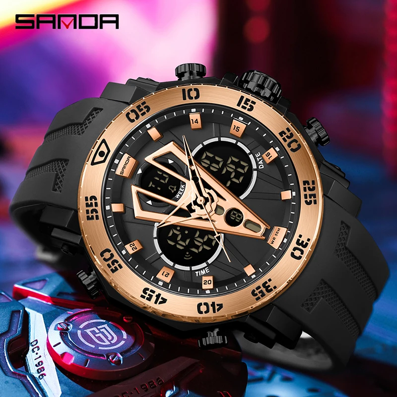 SANDA Digital Watch Men Military Army Sport Chronograph Quartz Wristwatch Original 50m Waterproof Male Electronic Clock New 6105