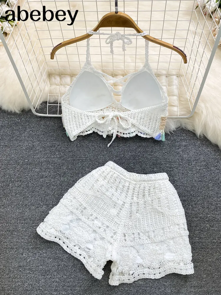 Seaside Holiday Suit Women's Summer Wear 2023 New Retro Crochet Hollow Knitted Suspender Top + Shorts 2pcs Set