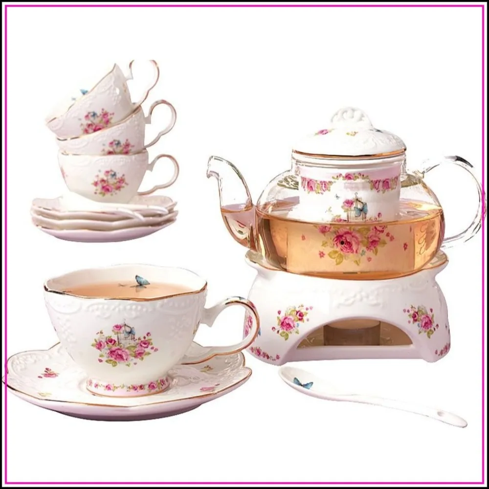 

Vintage Porcelain Flower Series 16-Piece Tea Set with Teapot Warmer, Filter & Spoon