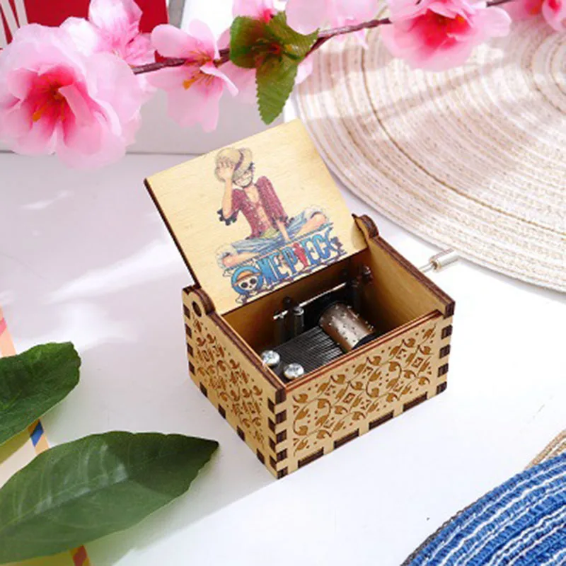 Anime One Piece Retro Wooden Carved Hand Crank Music Box Luffy Peripheral Music Box Student Birthday Gift Home Room Decoration