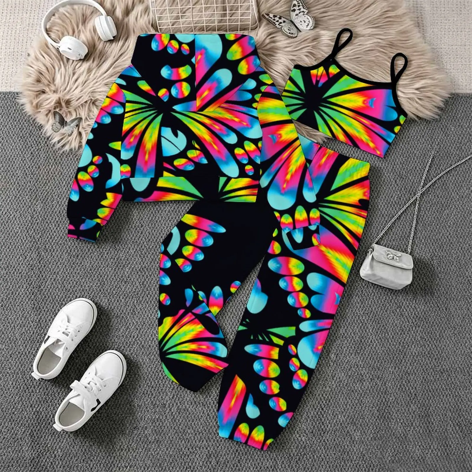 Jogging Pants Children's Printed Three-Piece Set Autumn Girls Yoga Pants Fashion Vest Winter Zipper Hoodie Long Sleeve Coat 2