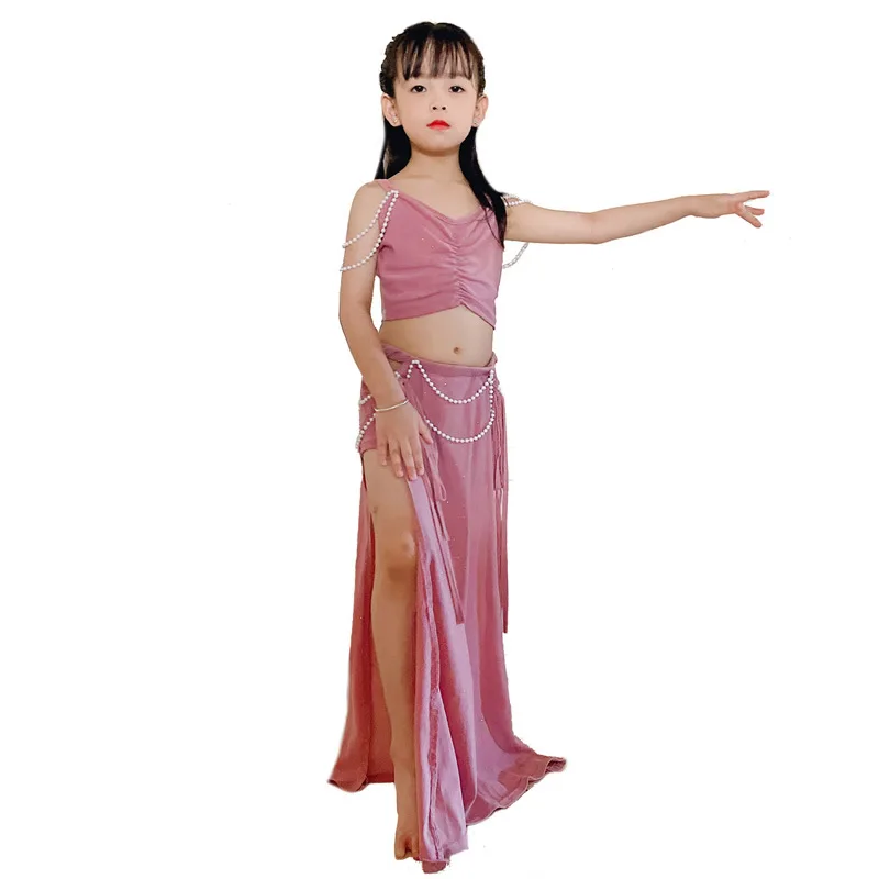 Summer Hot Sale Hight Quality Chirdren Girls Practice Camisole Dusty Pink Belly Dance Set