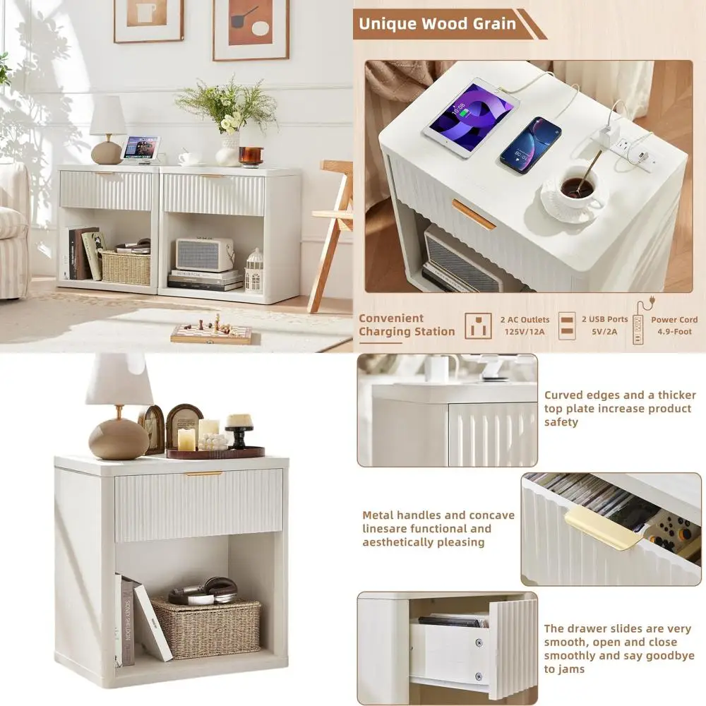 

Charging Station Nightstand, 23 Wide Storage End Table, White Open Cabinet Night Stand, Wooden Bedroom/Living Room Side Tables