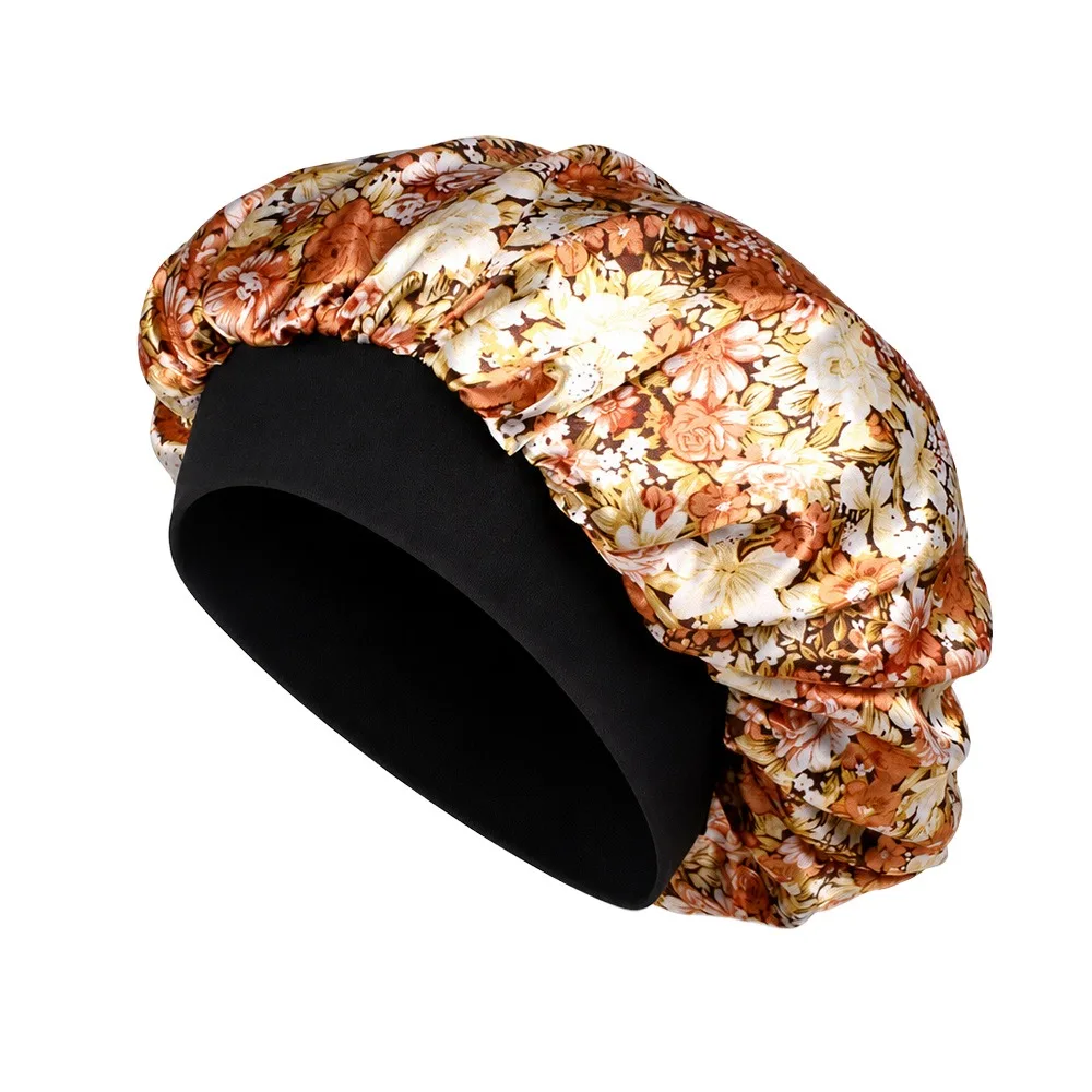Floral Pattern Satin Sleep Bonnet Elastic Wide Band Head Wrap Bath Hair Cap Hair Loss Cover Shower Caps Hair Wrap Accessories