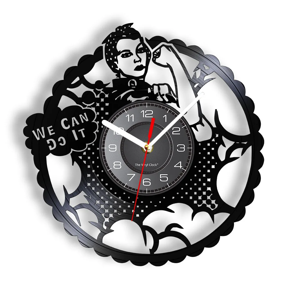 We Can Do It Girl Power Rosie the Riveter Feminist Home Decor Modern Wall Clock Strong Woman Protest Signs Vinyl Record Clock