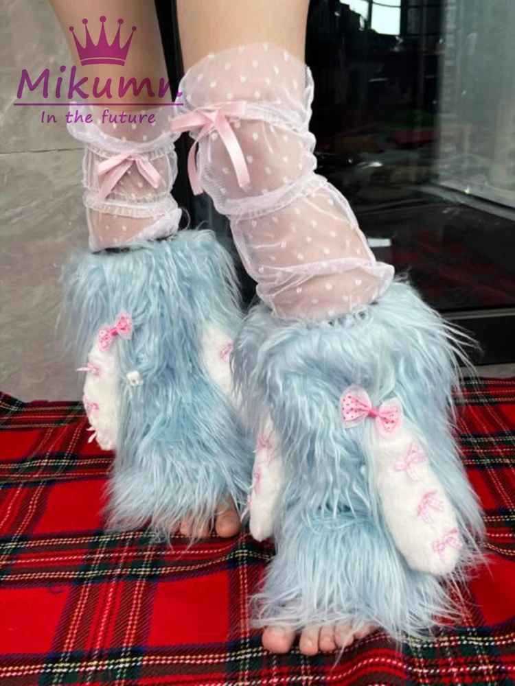 Harajuku Pink Blue Sweet Bow Faux Fur Leg Warmers Socks Y2K Girls Japanese Kawaii Cartoon Rabbit Ears Warm Boot Cover Streetwear