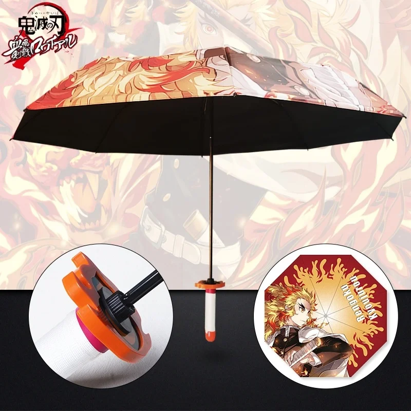 Demon Slayer Umbrella All-weather Folding Parasol Kimetsu No Yaiba Rengoku Kyoujurou Shinobu Anime Katana Umbrellas Rain 