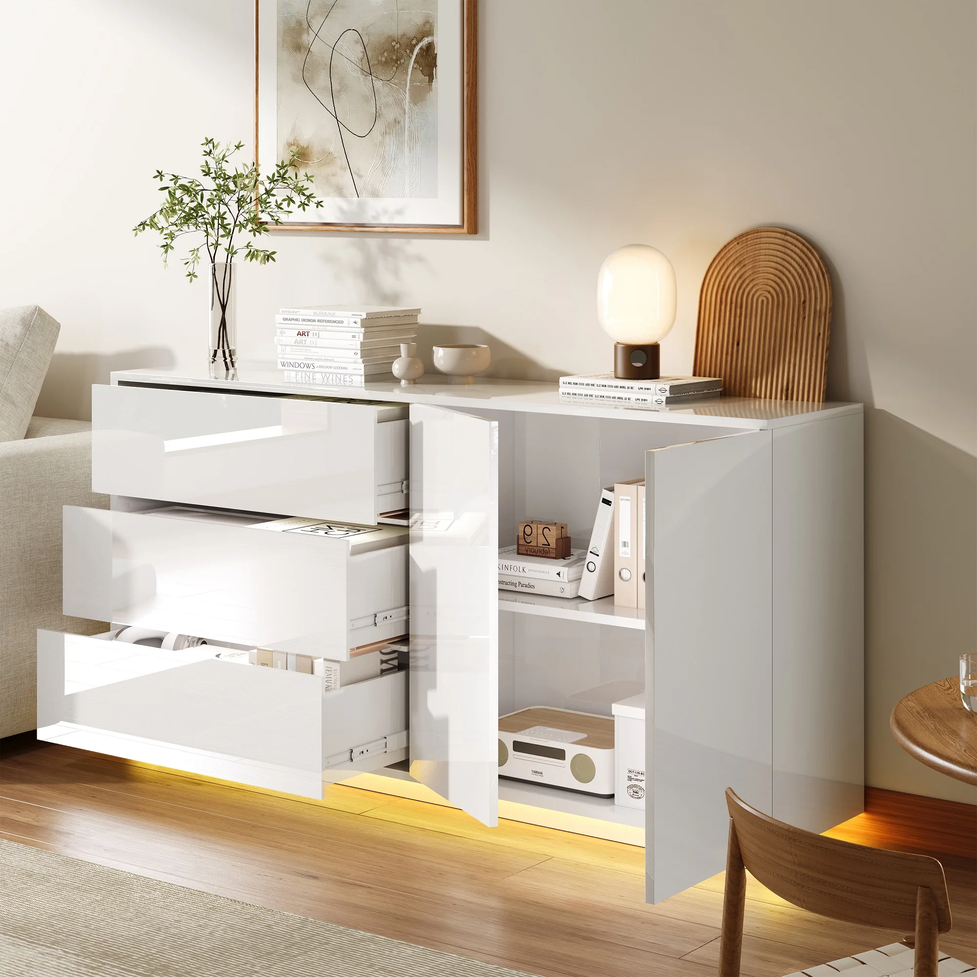 Rosahqnda Sideboard Hochglanzweiß mit LED, modernes Sideboard mit Tür und Schubladen, Buffetschrank, Kommode für die Küche – Detail 34