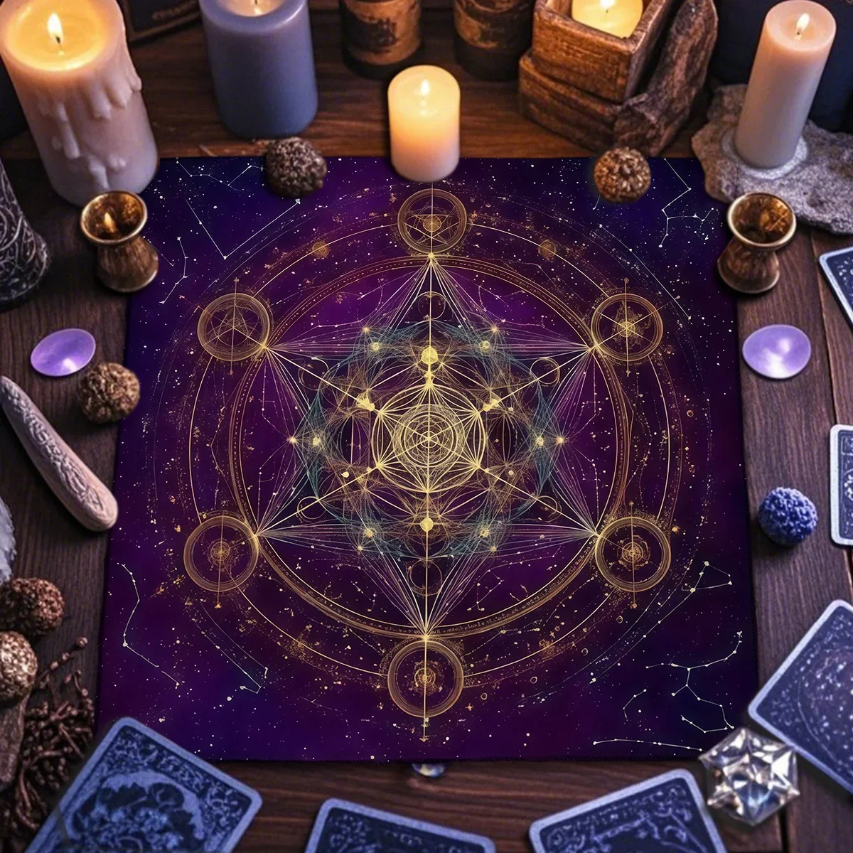 Sacred Geometry Altar Cloth Mystical Starry Sky Tarot Mat Pagan Witchcraft Polyester Divination Tablecloth Flower Of Life Decor