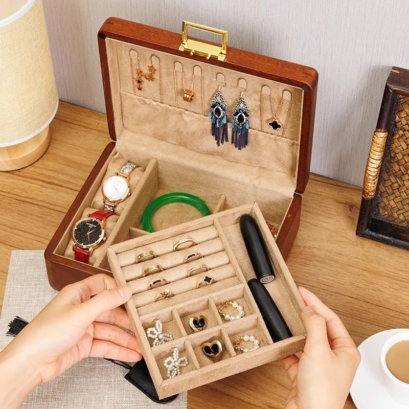 

Solid Wood Jewelry Storage Case Large Necklaces Bracelet Organizer Box Portable Jewellery Boxes Trinket Earring Rings Cases