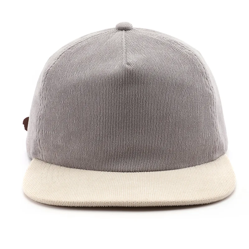 Contrast Color Corduroy Baseball Cap Unisex Flat Brim Snapback Hat Retro Two‑Tone Hip Hop Streetwear Adjustable Caps Custom Logo