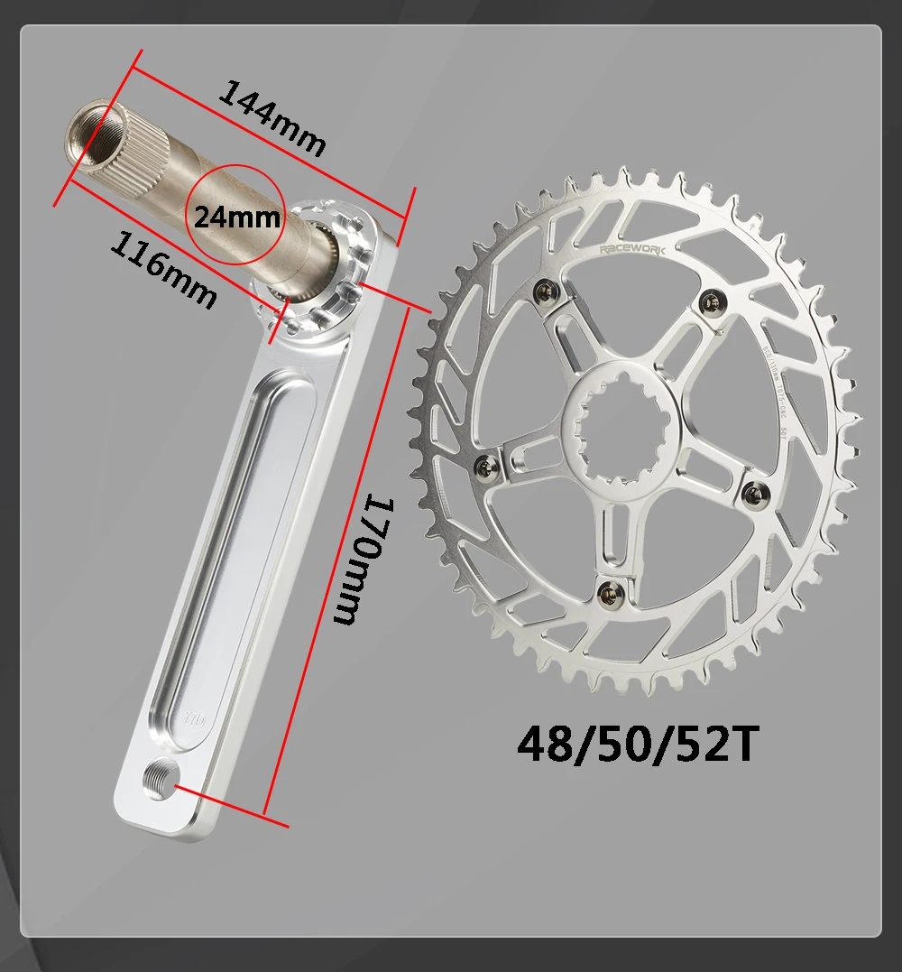 RACEWORK Rennrad-Kurbelgarnitur, 10/11/12 Gänge, silber/schwarz, glänzend polierte Kurbel, 170 mm Aluminium-Einzel- und Doppelscheiben-Kettenrad – Detail 3