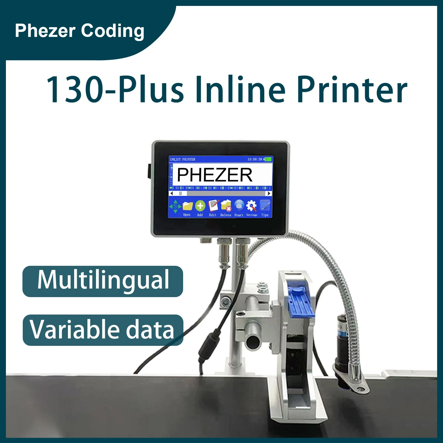 Phezer P130 for HP Ink Cartridge 12.7/25.4mm Label Printer Online Inkjet Printer TIJ QR Strip Number Number Logo Expiration Date