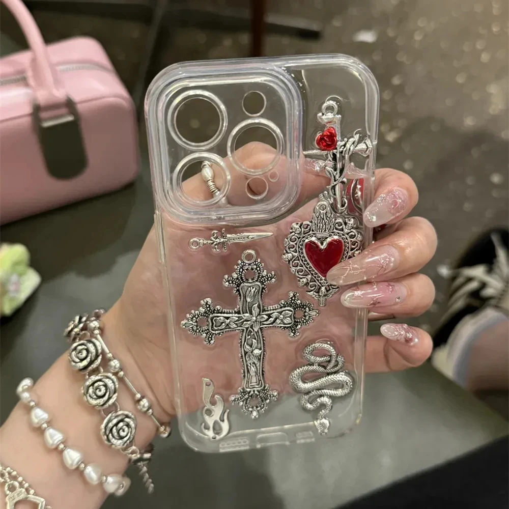 Y2K Gothic Cross Love Heart Clear Epoxy Phone Case For iPhone 16 15 13 12 11 Pro Max 14 Plus Cover 3D Snake Shockproof Shell